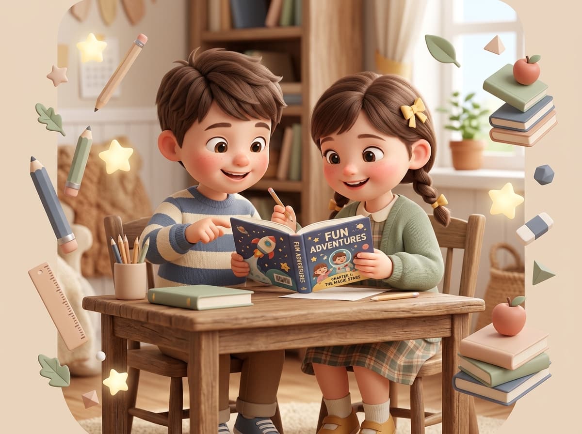 Two happy children reading a storybook together at a study table